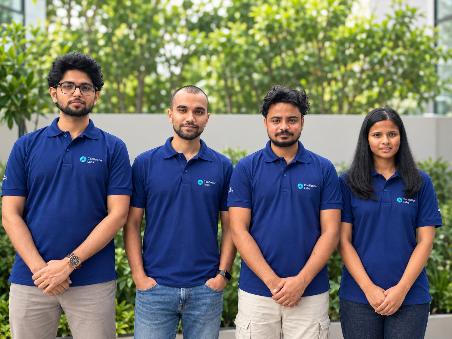 Four Conflation Labs team members in company polos outdoors