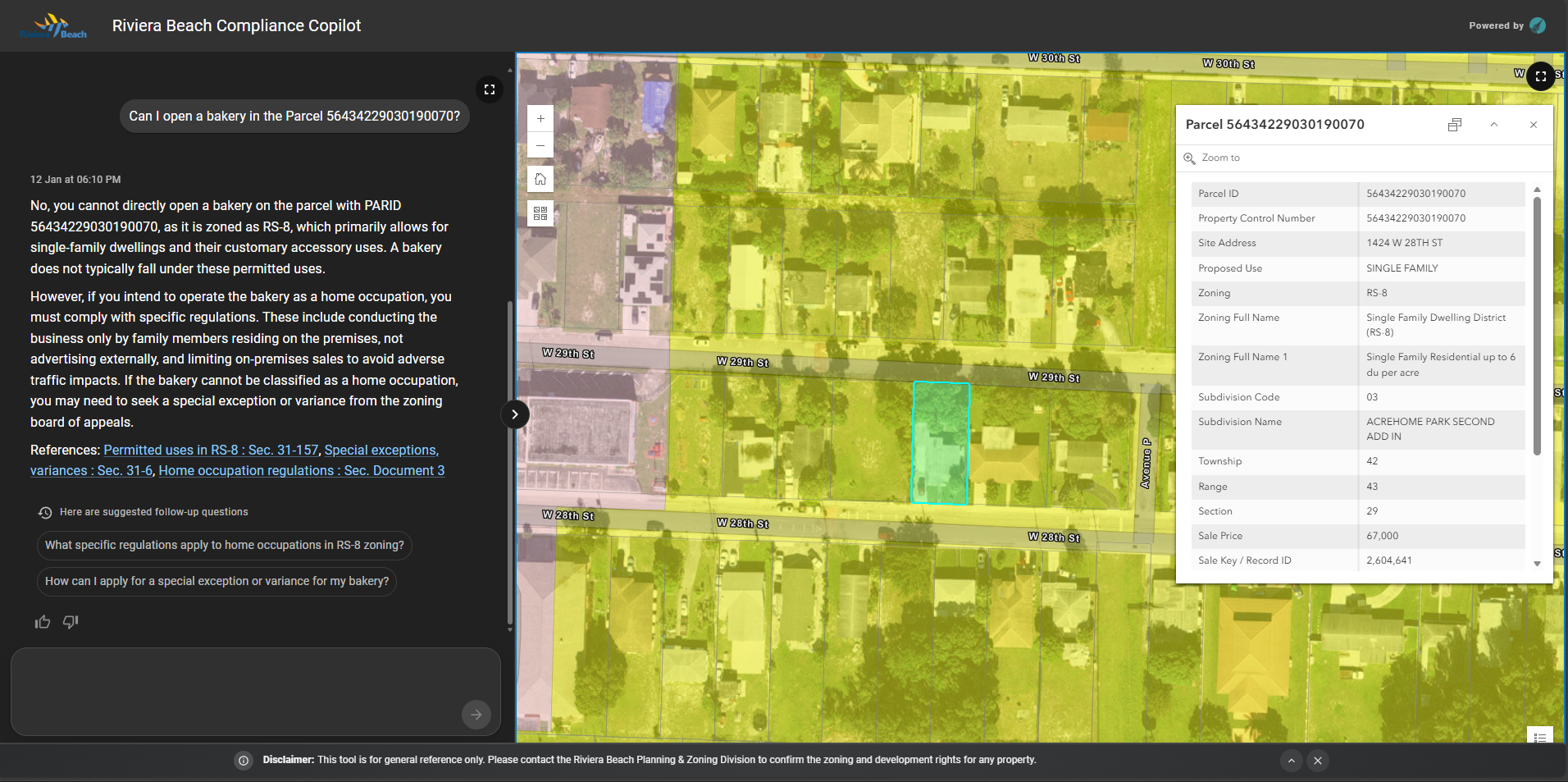 Research Agent showing user asking questions and AI providing detailed responses with maps and ordinance references